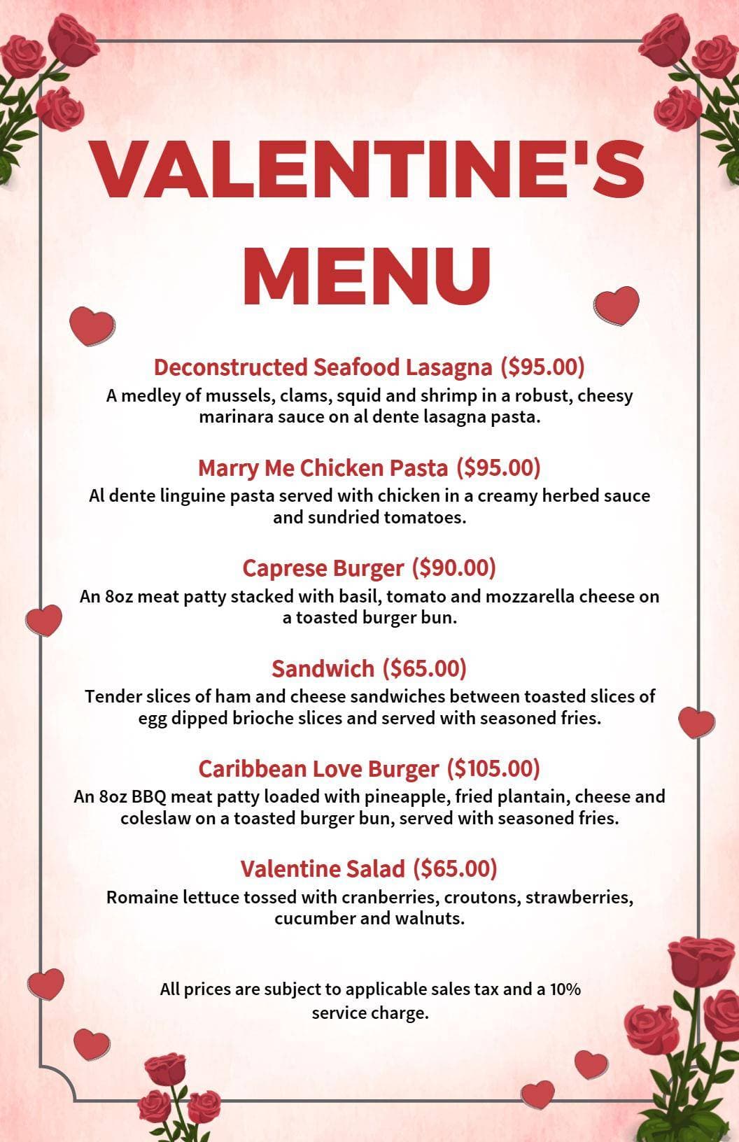 Romantic Seafood and Pasta Dishes for Valentine's Day Menu Template