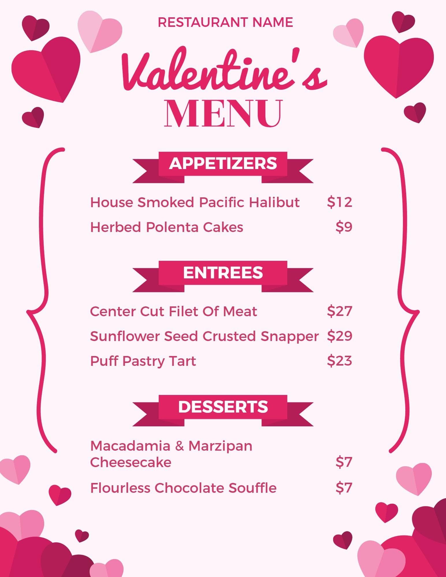 Romantic Valentine's Day Dishes for a Special Celebration Menu Template