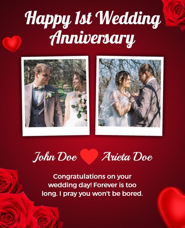 Romantic Red Floral 1st Wedding Anniversary Flyer Template