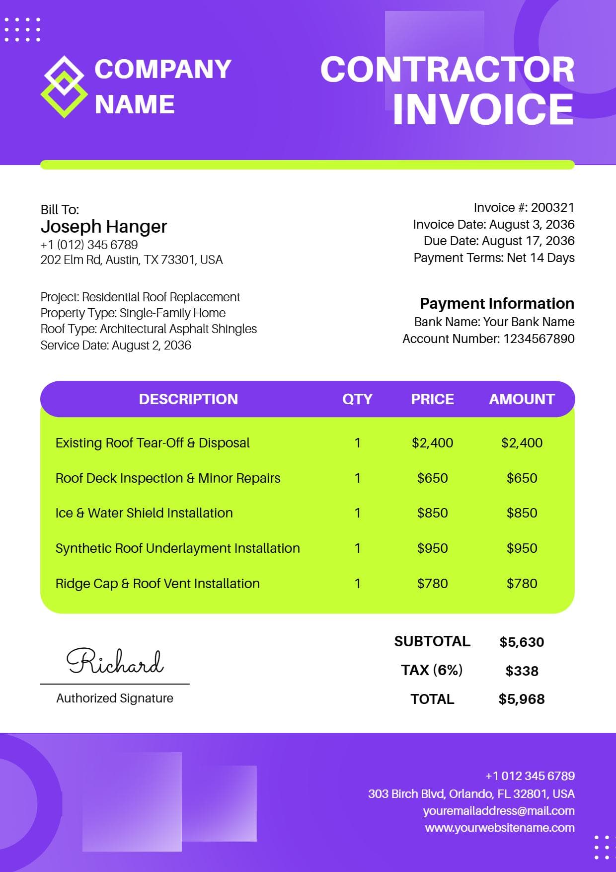 Roofing Services Breakdown with Pricing Contractor Invoice Template