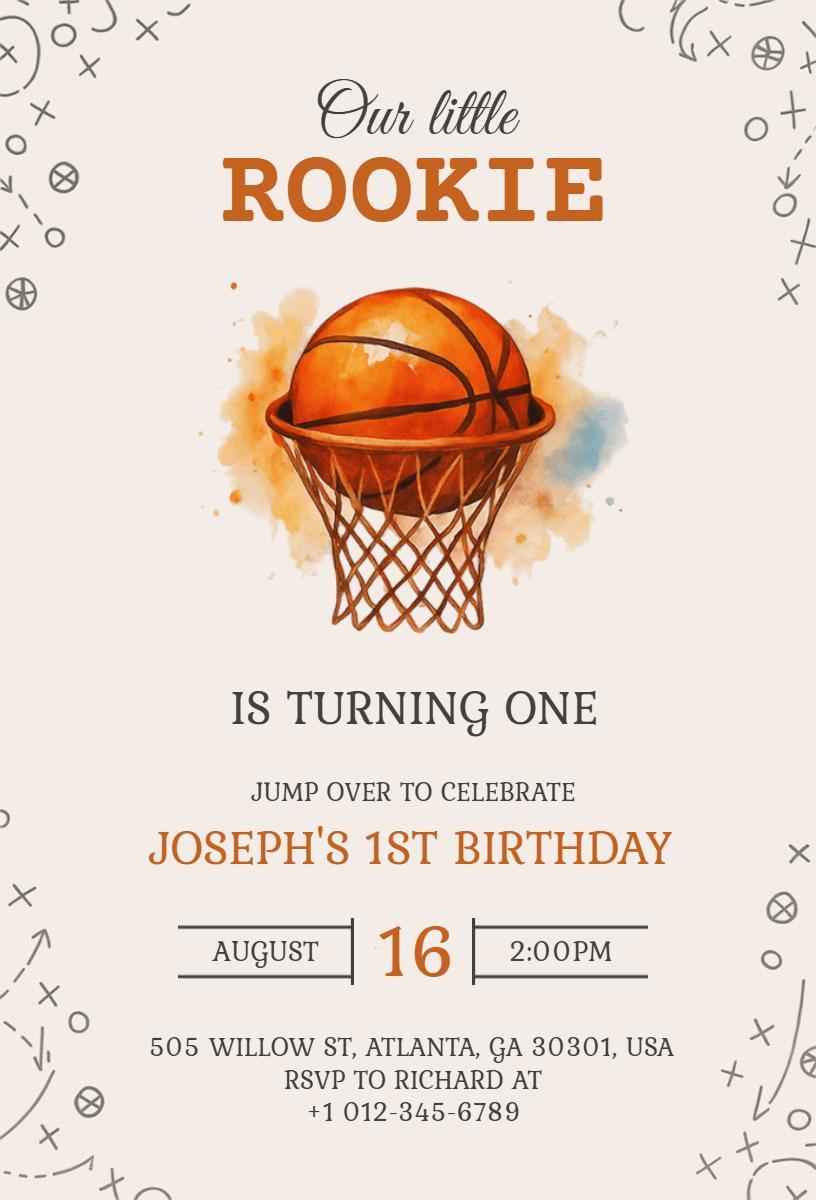 Rookie Basketball Theme 1st Birthday Celebration Invitation Template
