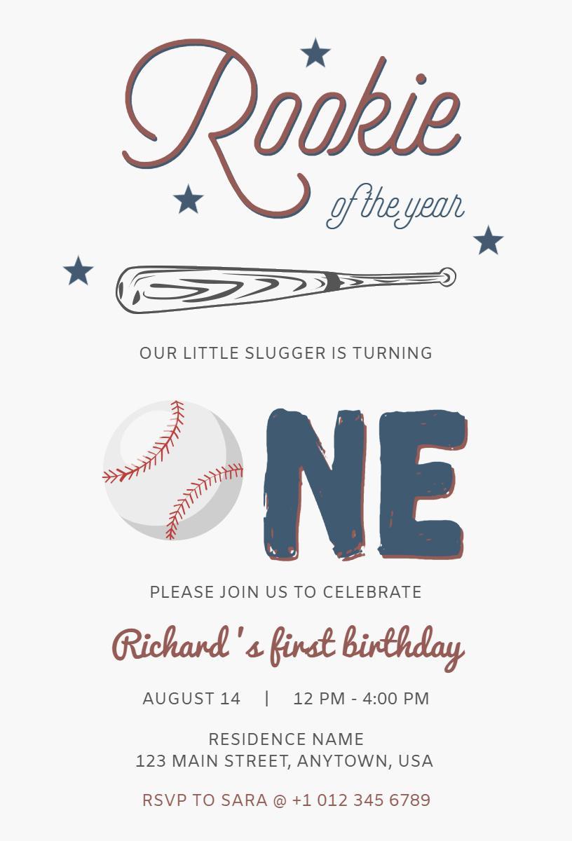Rookie of the Year Baseball Birthday Celebration Invitation Template