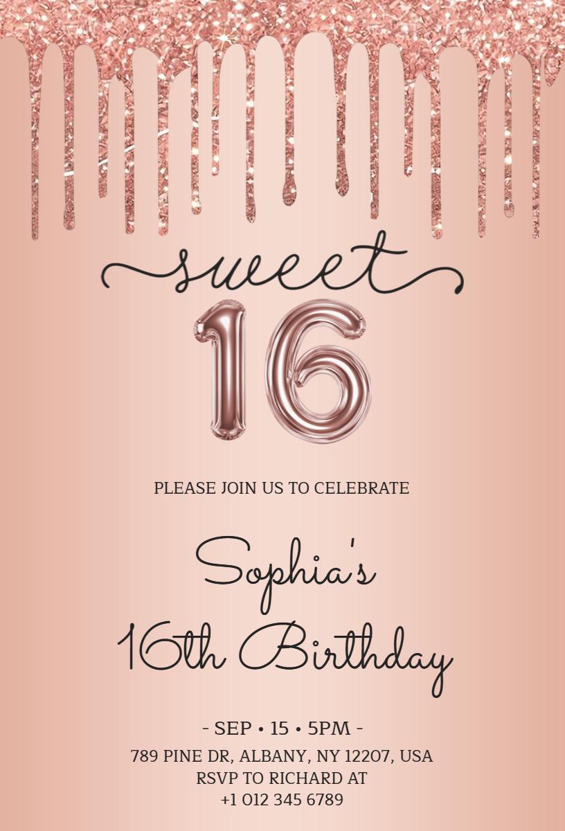 Rose Gold Glam Sweet 16 Birthday Celebration Invitation Template