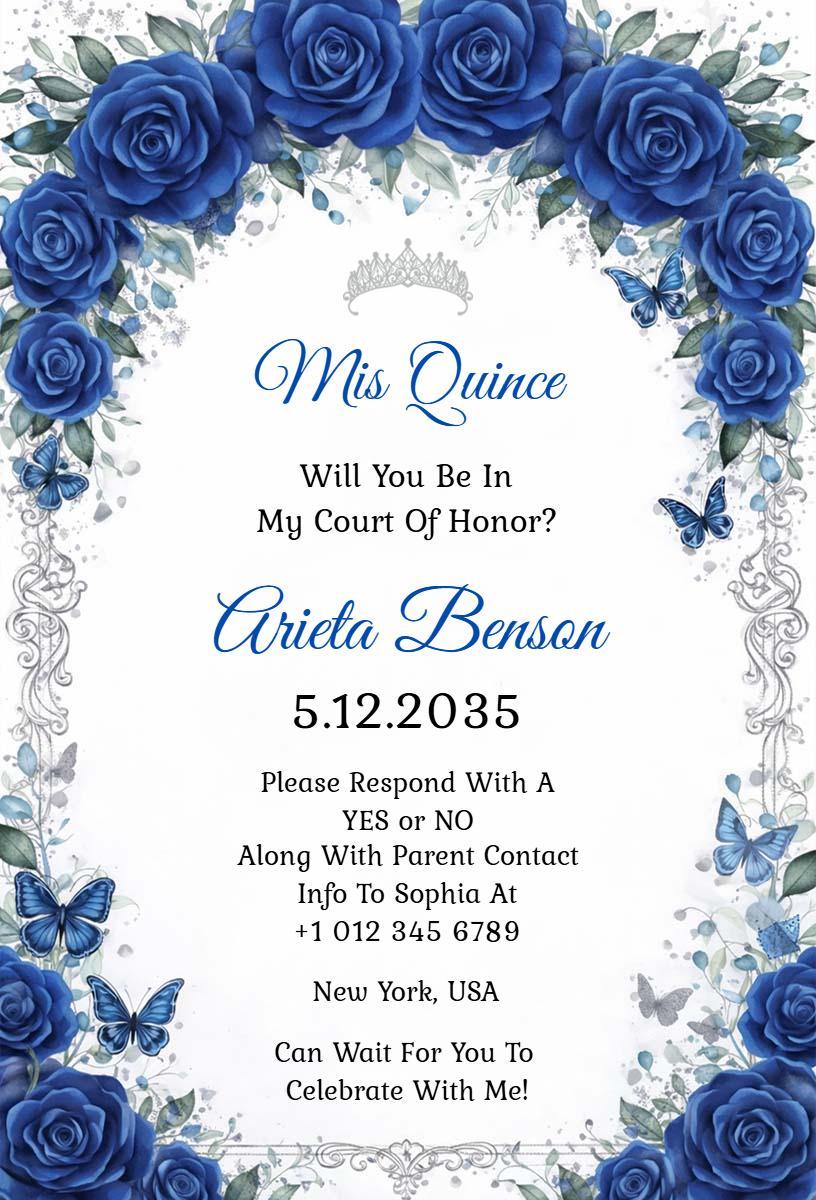 Royal Blue Floral Quinceanera Celebration Invitation Template