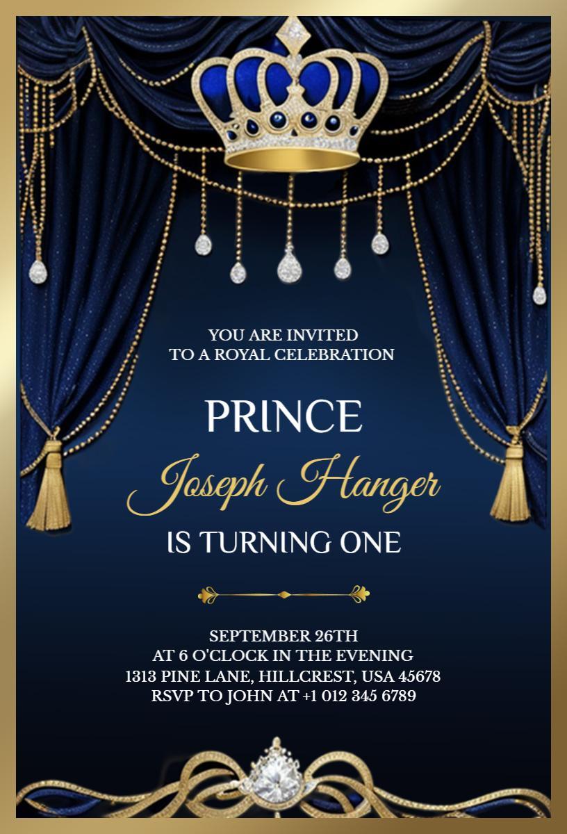Royal Blue Prince 1st Birthday Celebration Invitation Template