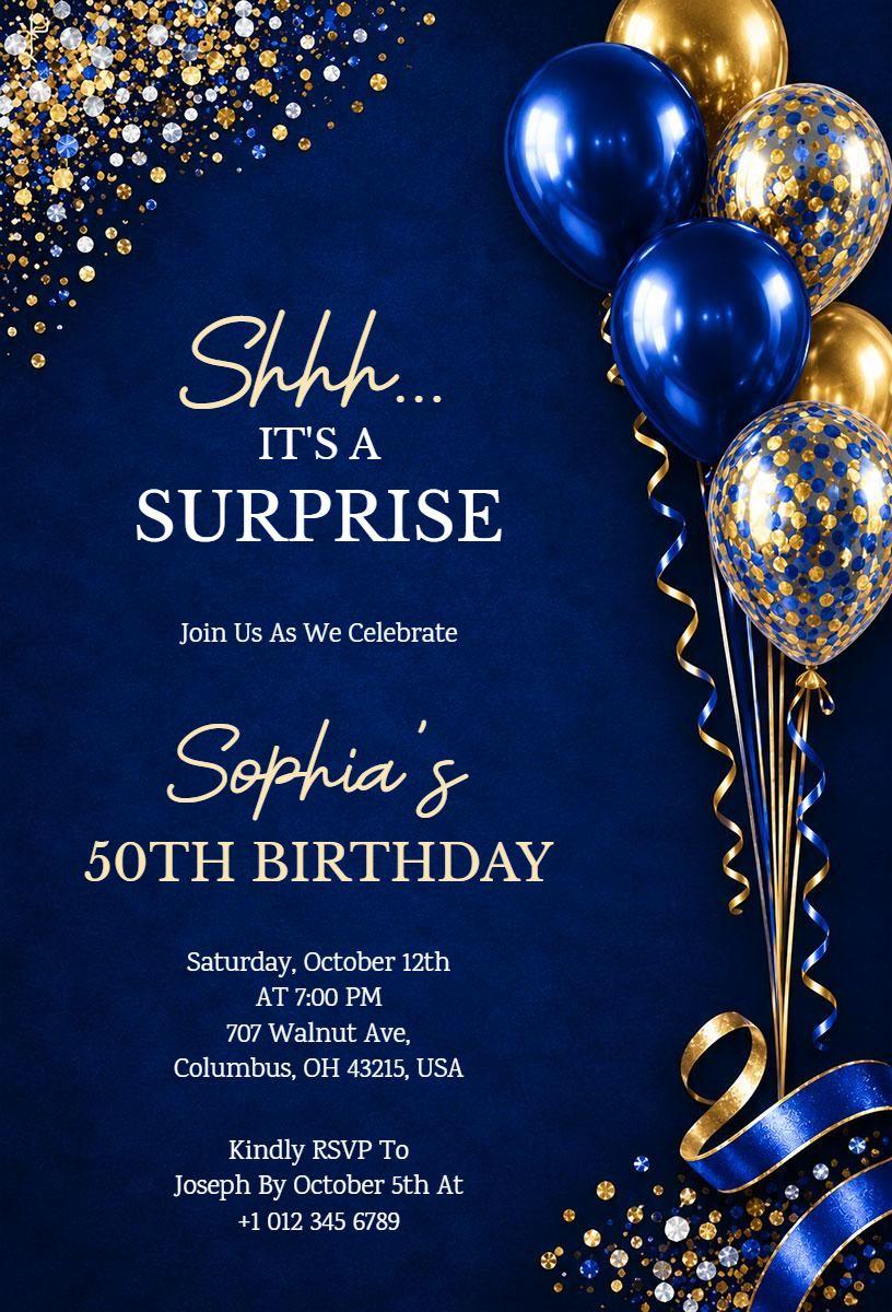 Royal Blue Themed Surprise 50th Birthday Invitation Template