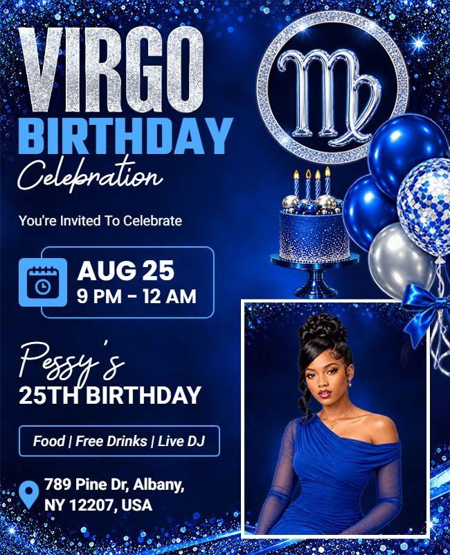 Royal Blue Virgo Zodiac Birthday Party Celebration Flyer Template