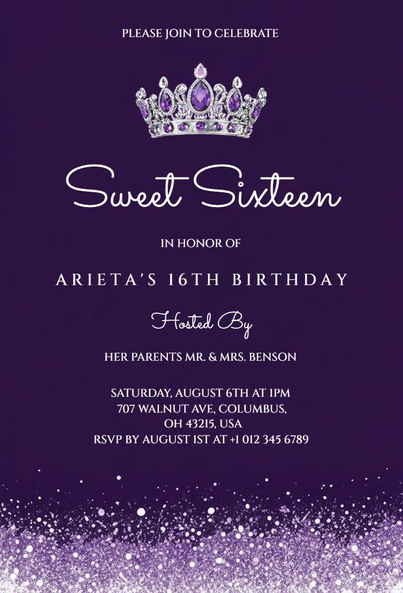 Royal Crown Sparkling Sweet 16 Birthday Invitation Template