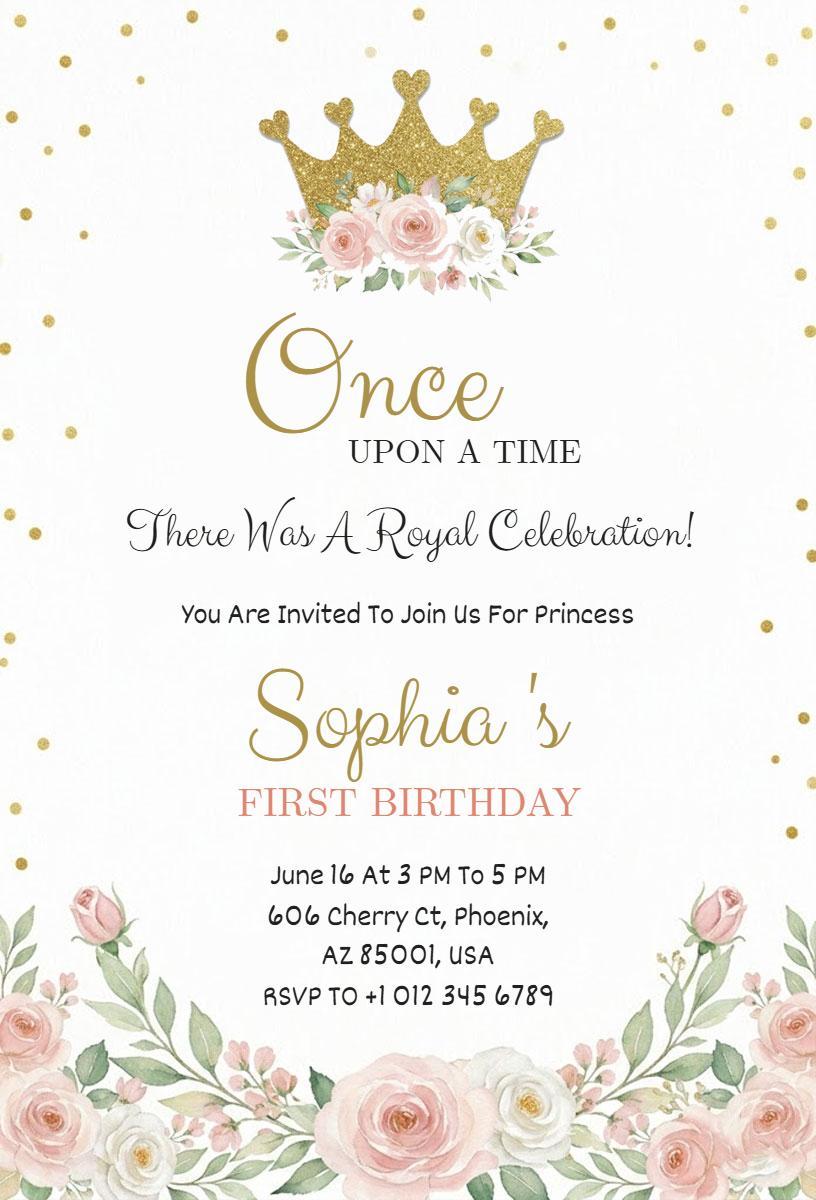 Royal Floral Princess 1st Birthday Celebration Invitation Template