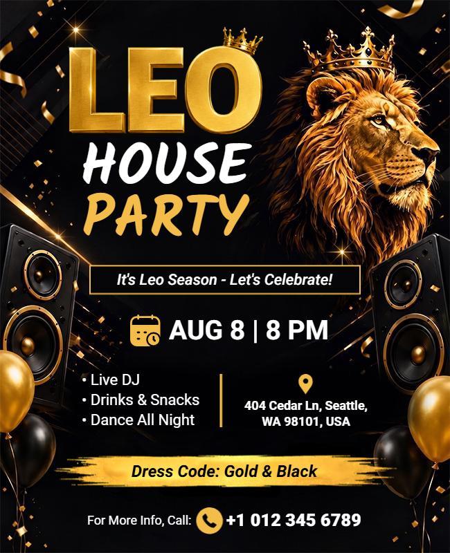 Royal Gold and Black Leo Season House Party Flyer Template