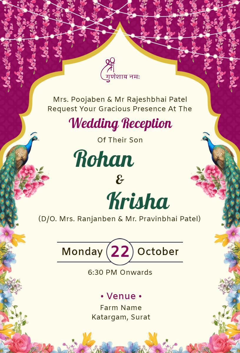Royal Peacock Theme Indian Wedding Reception Invitation Template