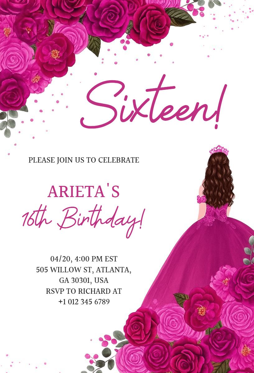 Royal Pink Floral Sweet 16 Birthday Celebration Invitation Template