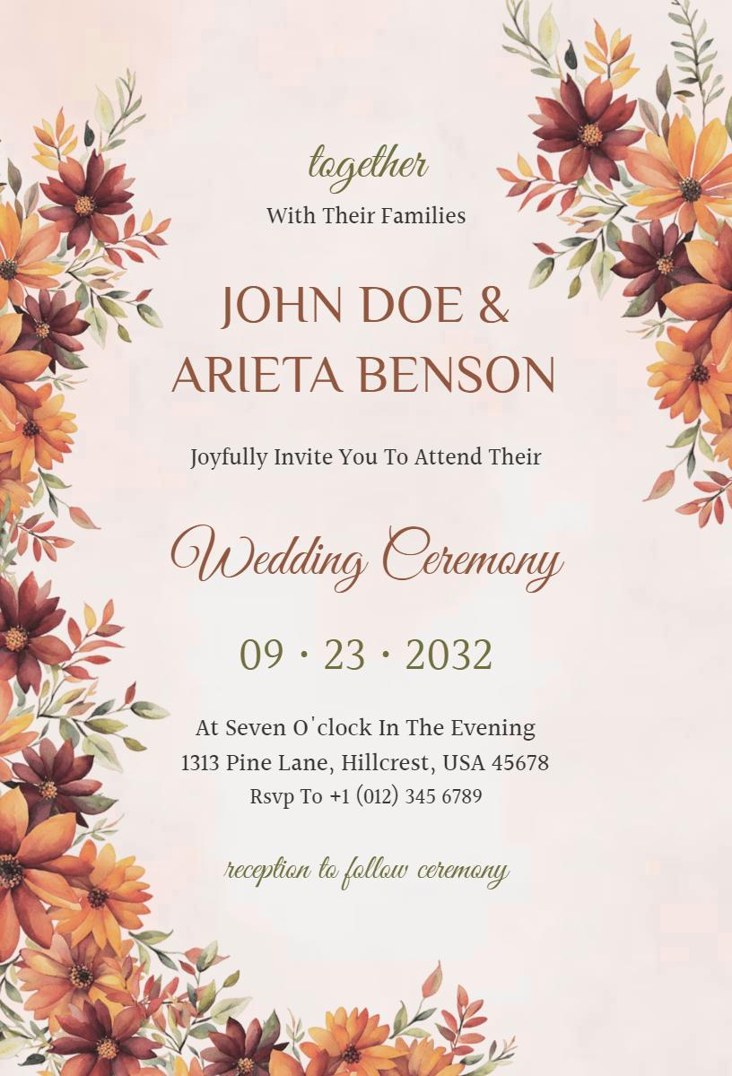 Rustic Autumn Floral Wedding Ceremony Invitation Template