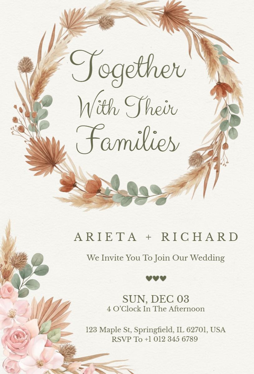 Rustic Boho Elegant Floral Wedding Celebration Invitation Template