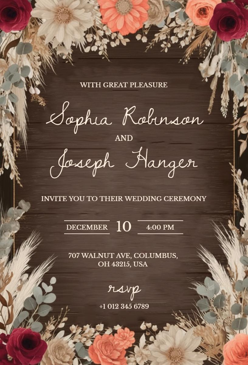 Rustic Boho Floral Wedding Ceremony Invitation Template
