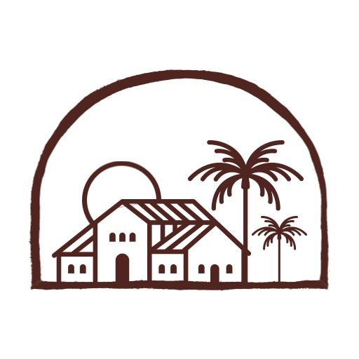 Rustic Brown House and Palm Trees in Vintage Style Logo Template
