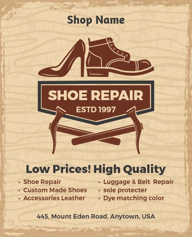 Rustic Brown Shoe Repair Service Poster Template