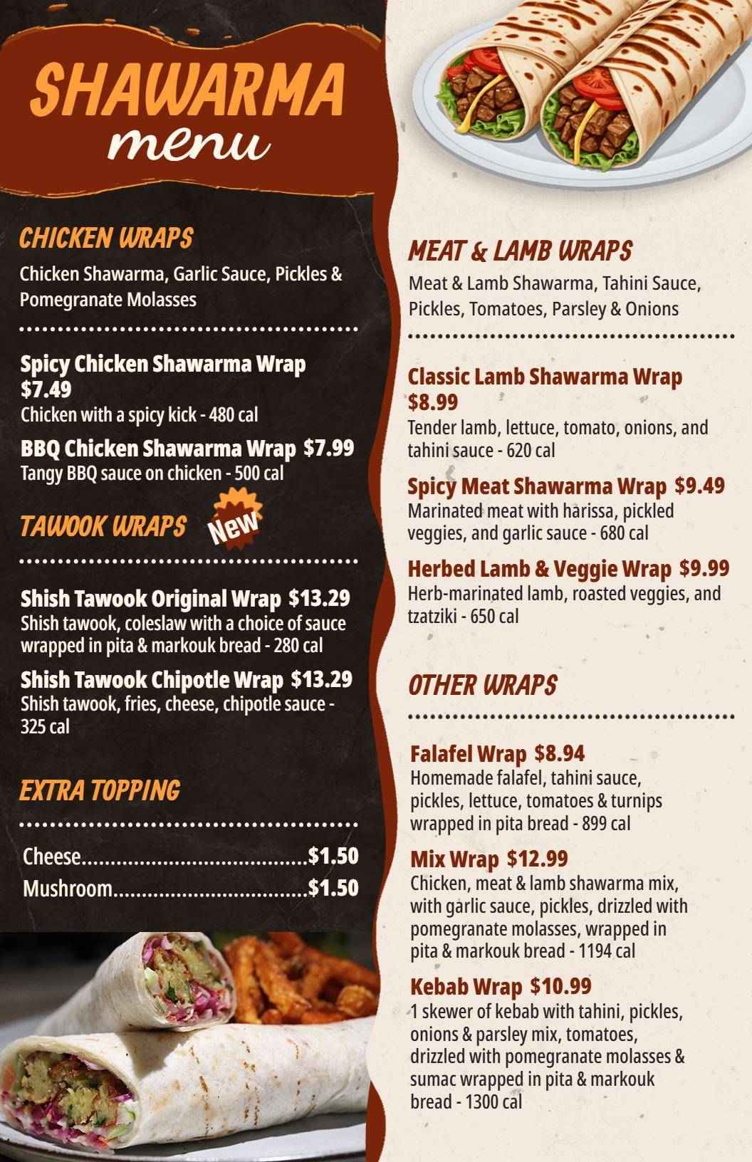 Rustic Brown Tones with Savory Shawarma Delights Menu Template