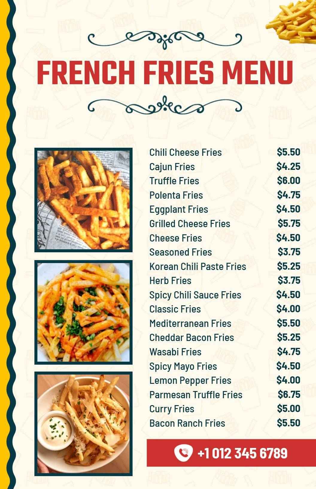 Rustic Casual Dining French Fries Selection Menu Template