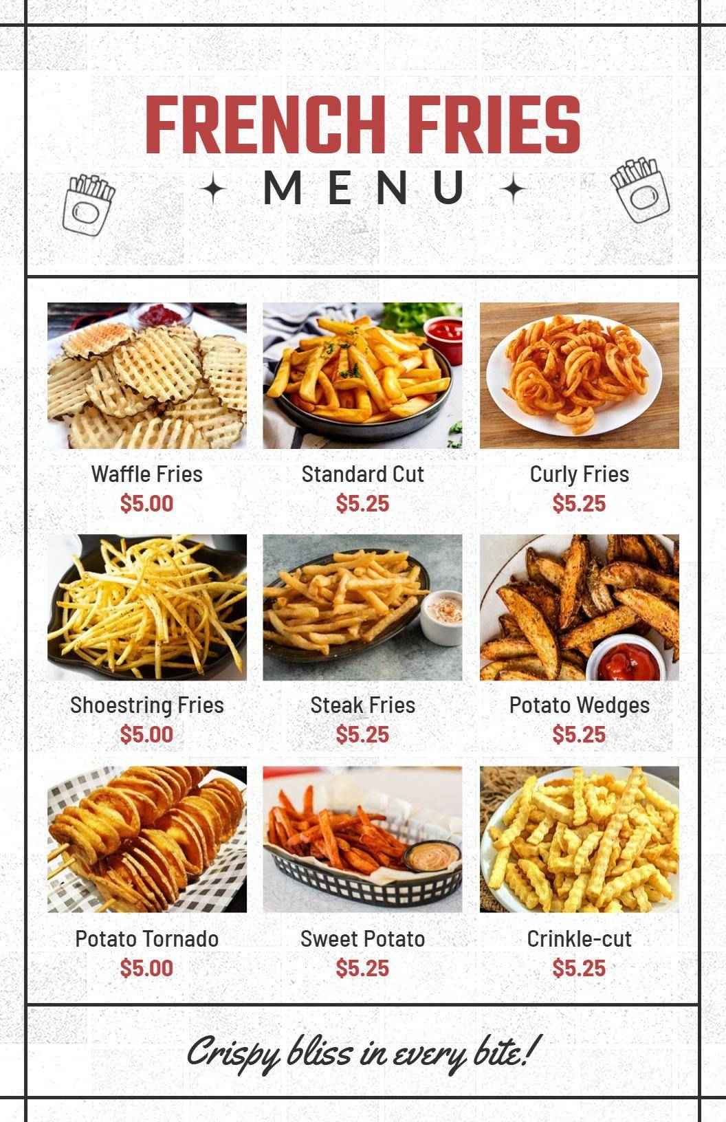 Rustic Chalkboard Style French Fries Variety Menu Template