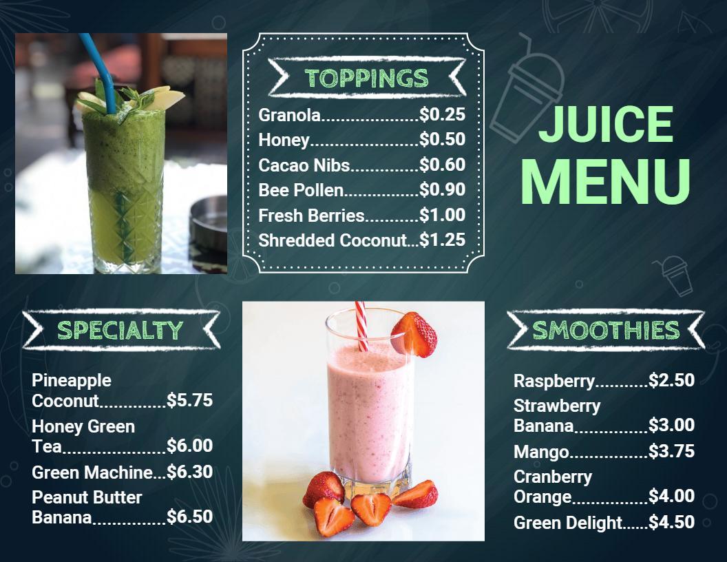 Rustic Chalkboard Style Juice and Smoothies Menu Template