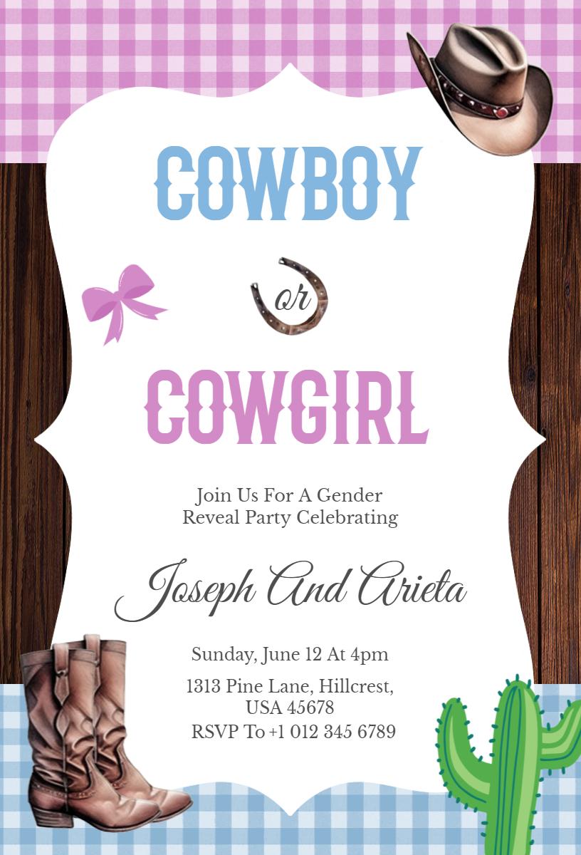 Rustic Cowboy Cowgirl Gender Reveal Party Invitation Template
