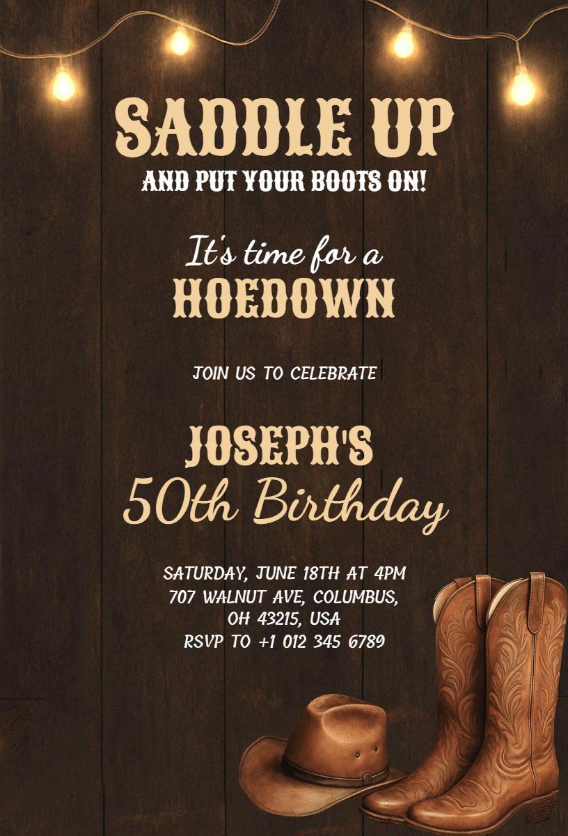 Rustic Cowboy Hoedown 50th Birthday Celebration Invitation Template