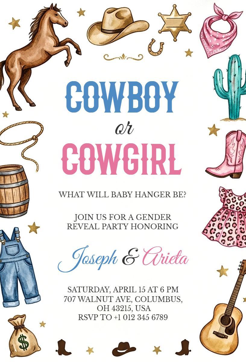 Rustic Cowboy or Cowgirl Gender Reveal Celebration Invitation Template