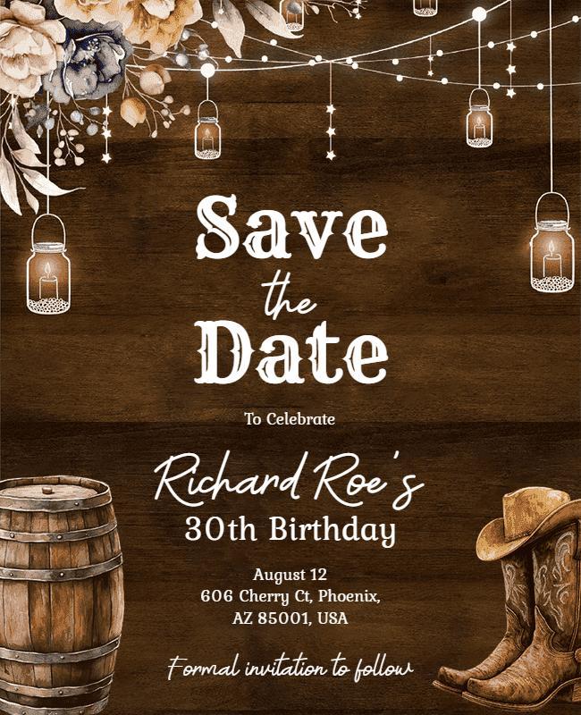 Rustic Cowboy Save the Date Birthday Celebration Flyer Template