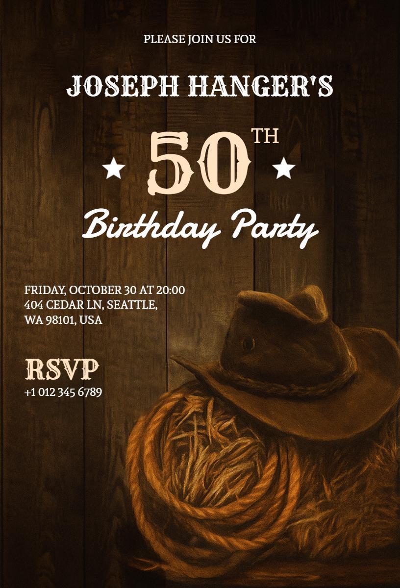 Rustic Cowboy Theme 50th Birthday Celebration Invitation Template
