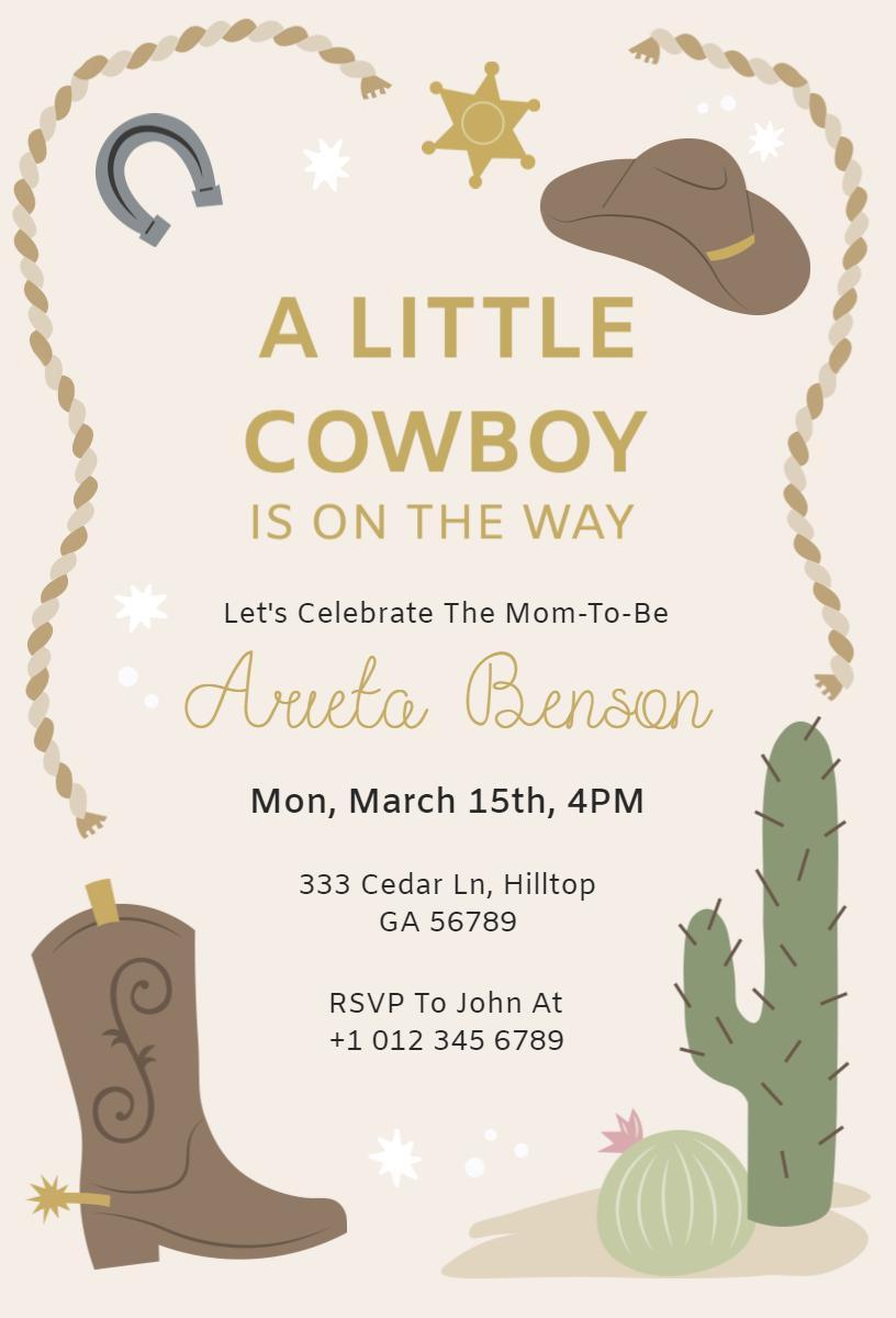 Rustic Cowboy Theme Baby Shower Celebration Invitation Template