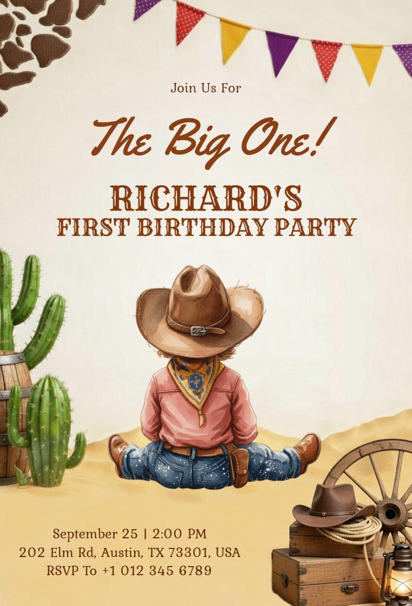 Rustic Cowboy Theme First Birthday Celebration Invitation Template