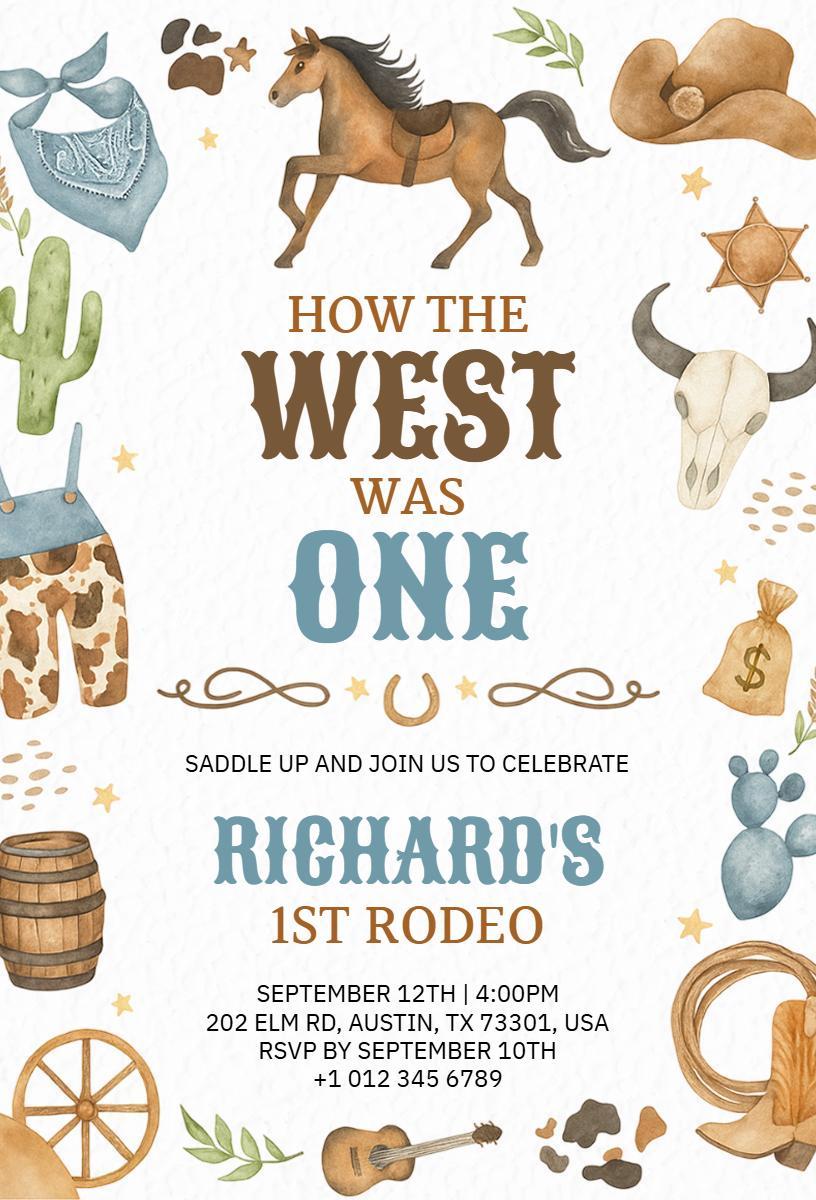 Rustic Cowboy Theme First Rodeo Birthday Invitation Template