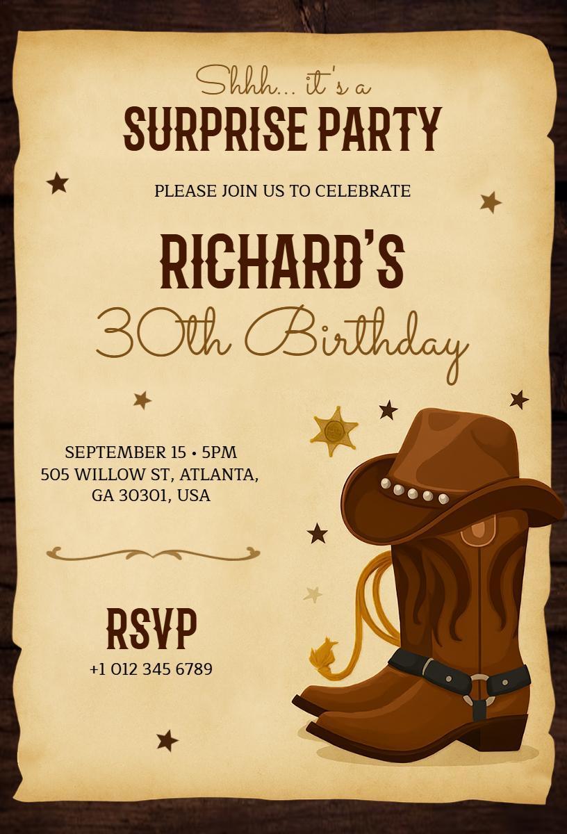 Rustic Cowboy Themed Surprise Birthday Party Invitation Template