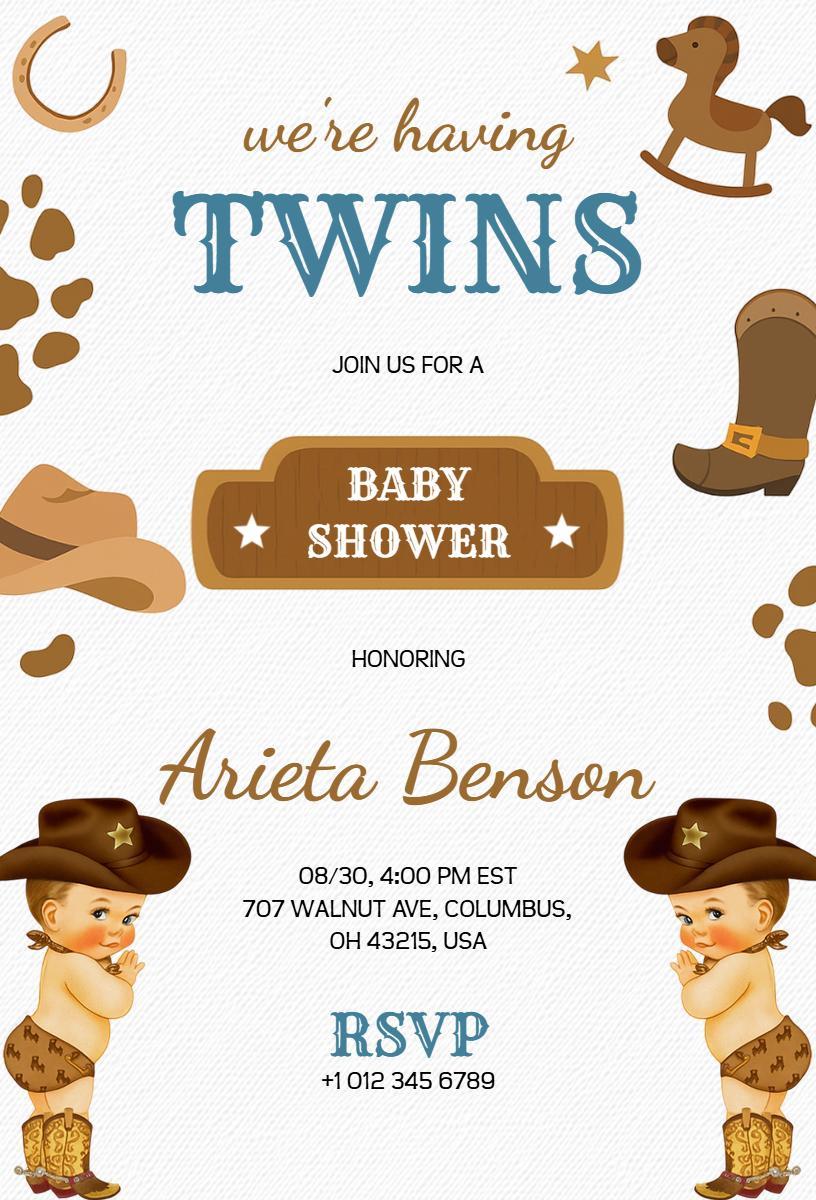 Rustic Cowboy Twins Baby Shower Celebration Invitation Template