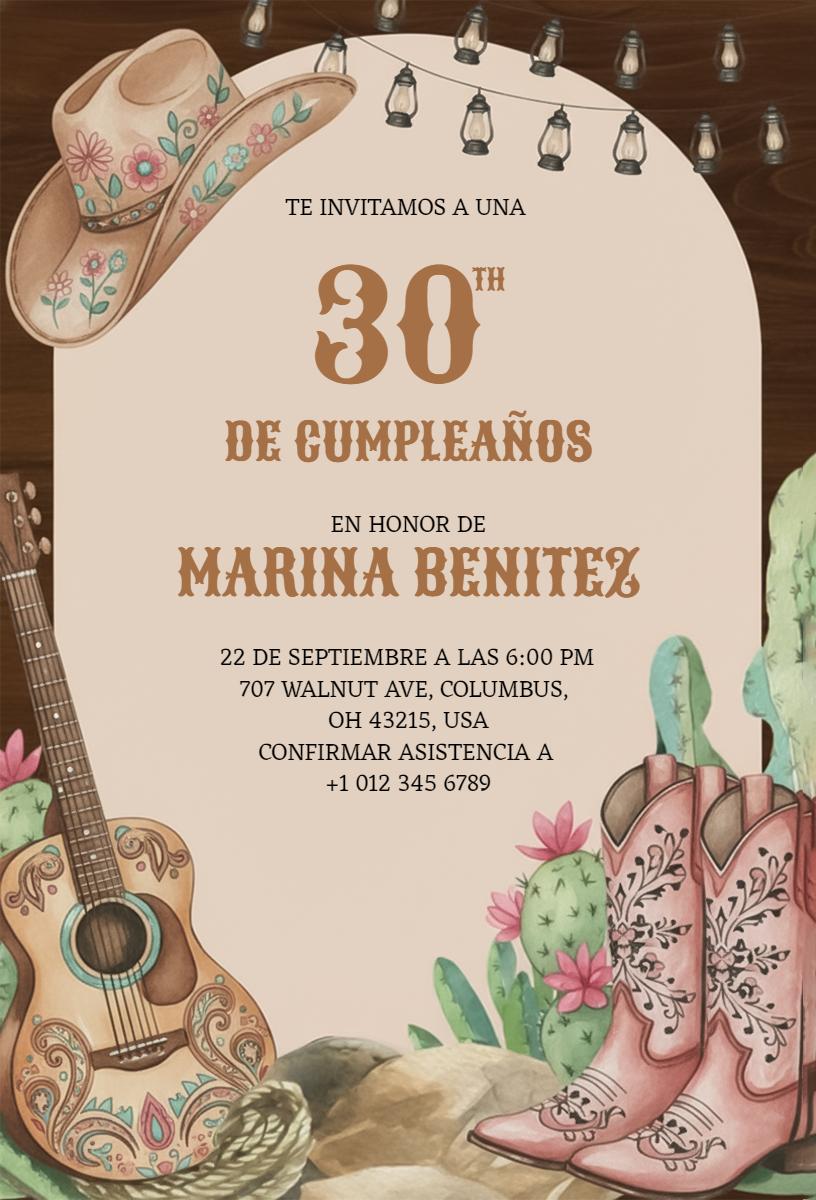 Rustic Cowgirl 30th Birthday Celebration Invitation Template