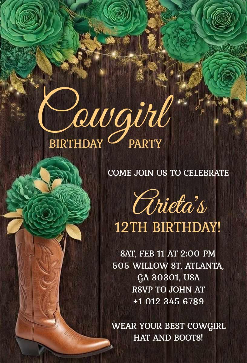 Rustic Cowgirl Themed Birthday Celebration Invitation Template