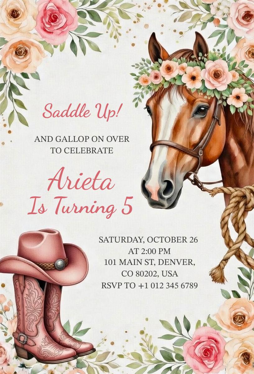 Rustic Cowgirl Themed Birthday Party Celebration Invitation Template