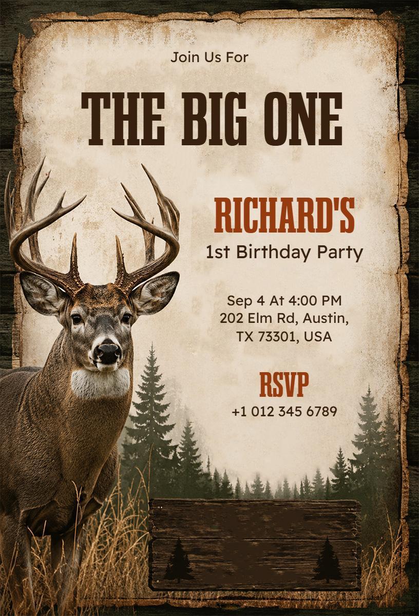Rustic Deer Woodland Theme 1st Birthday Invitation Template