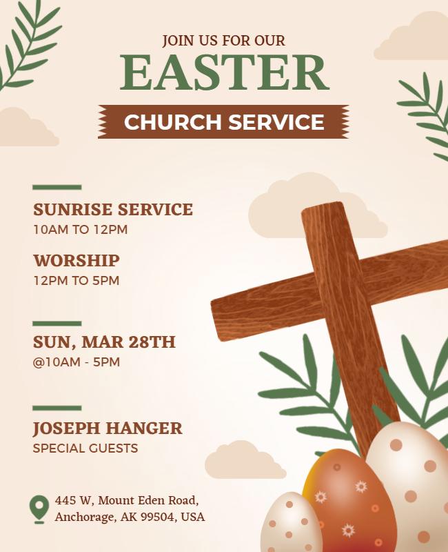 Rustic Easter Church Service with Cross and Eggs Poster Template