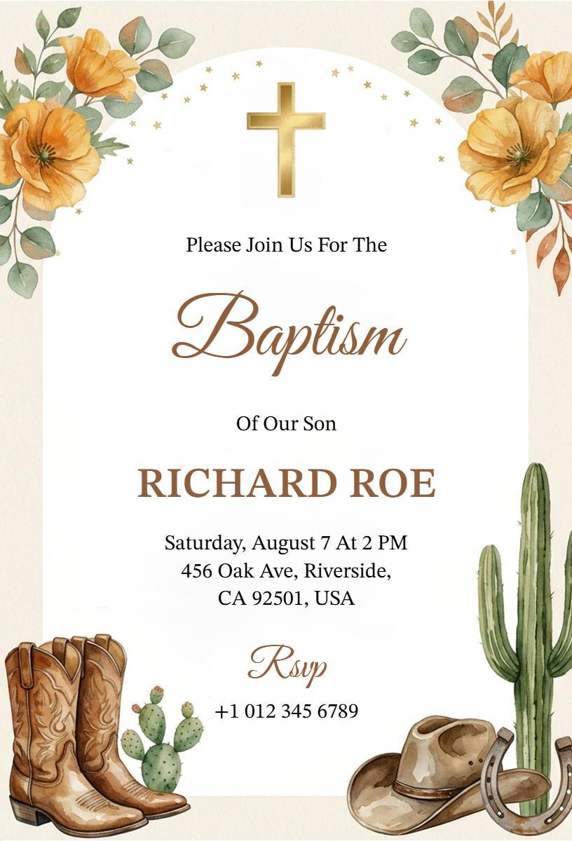 Rustic Floral Cowboy Theme Baptism Celebration Invitation Template