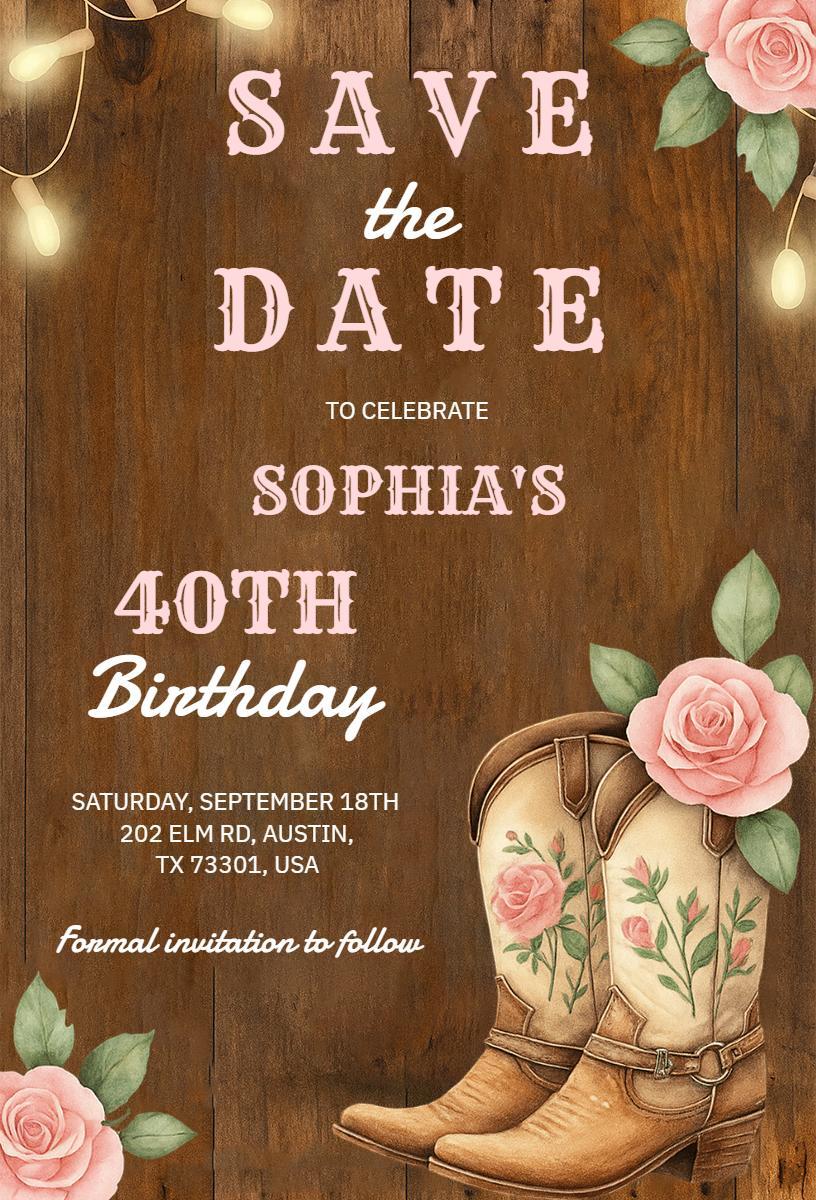 Rustic Floral Cowboy Western 40th Birthday Save The Date Invitation Template