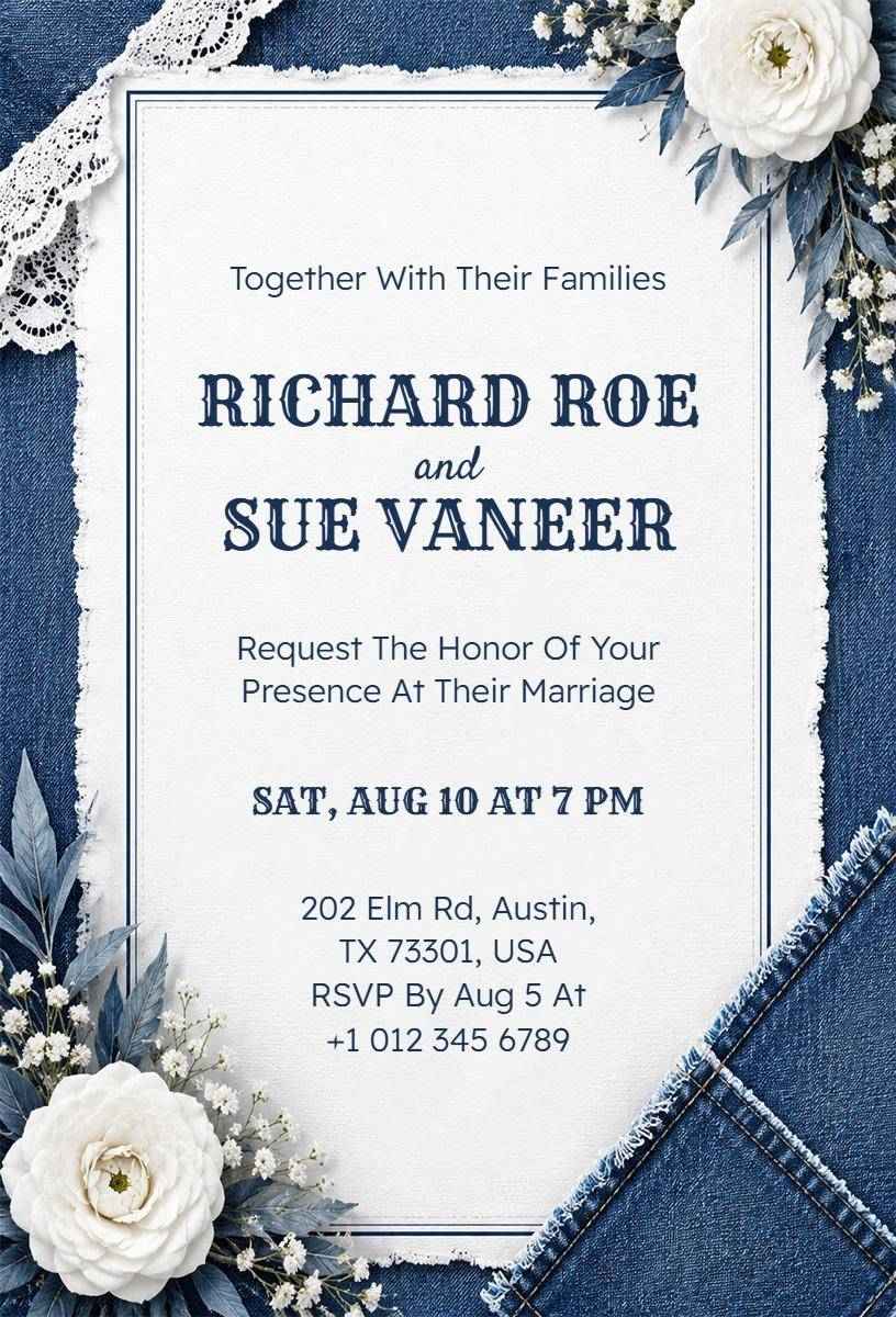 Rustic Floral Denim Theme Wedding Ceremony Invitation Template