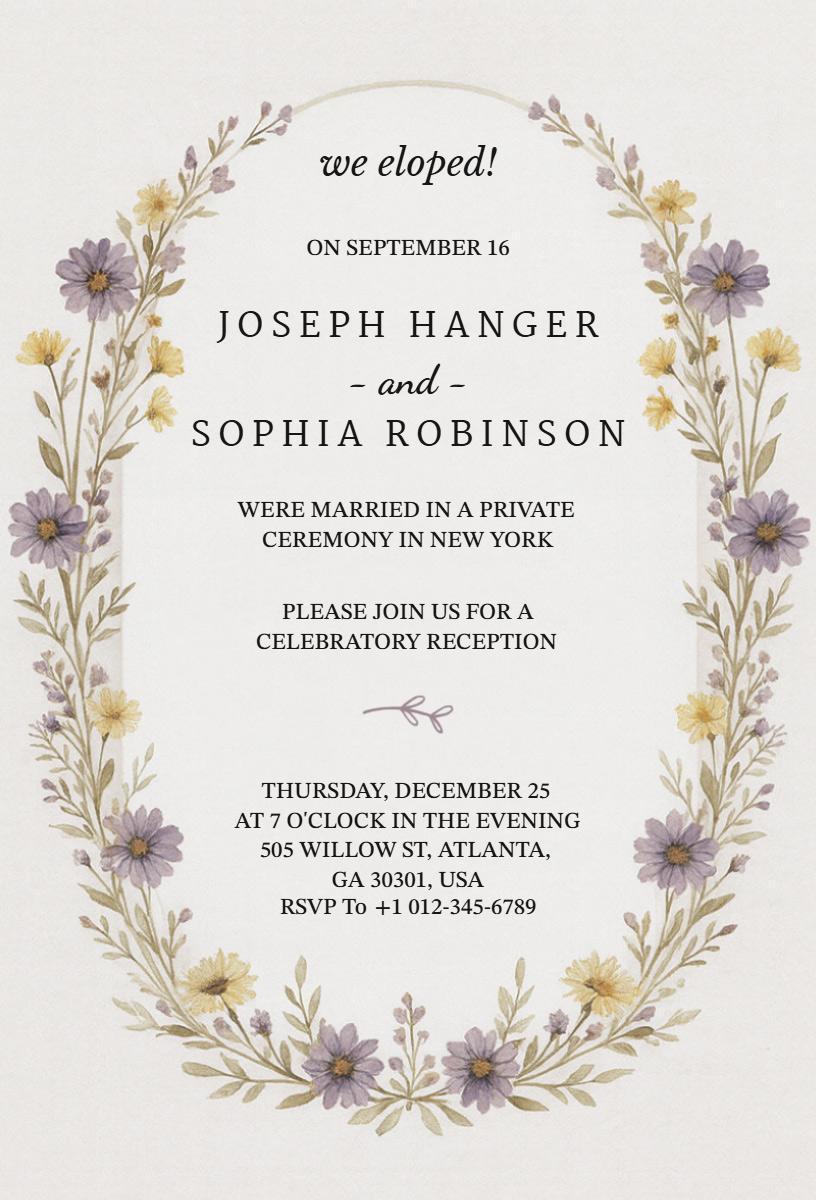 Rustic Floral Elopement Celebration Reception Invitation Template