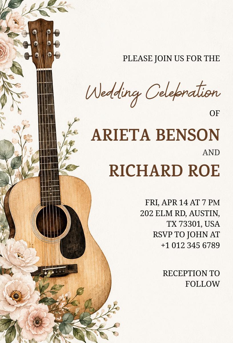 Rustic Floral Guitar Wedding Celebration Invitation Template