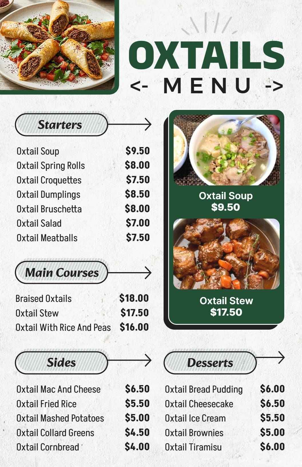 Rustic Green Border Oxtail Specialties Menu Template