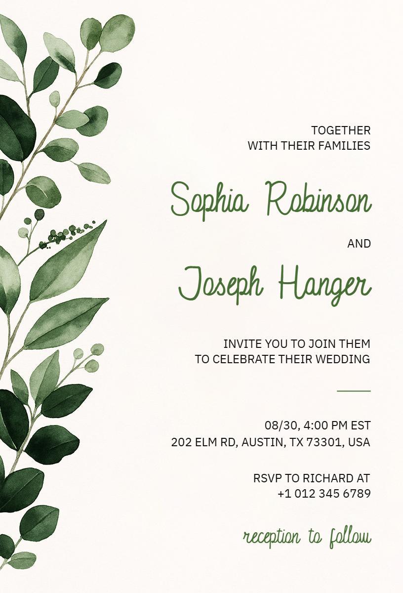 Rustic Greenery Elegant Wedding Ceremony Invitation Template