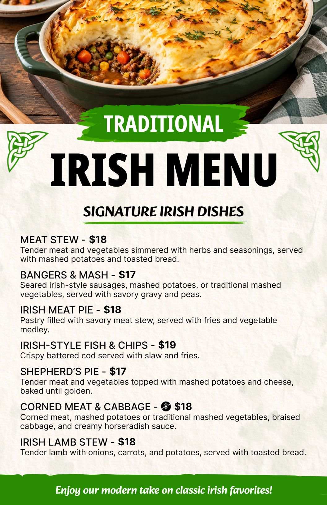 Rustic Irish Cuisine Featuring Signature Salads Menu Template
