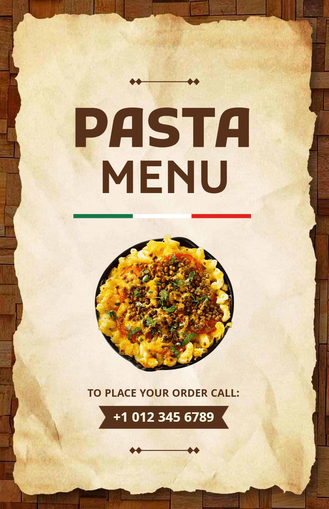 Rustic Italian Style Selections with Classic Sauces Pasta Menu Template