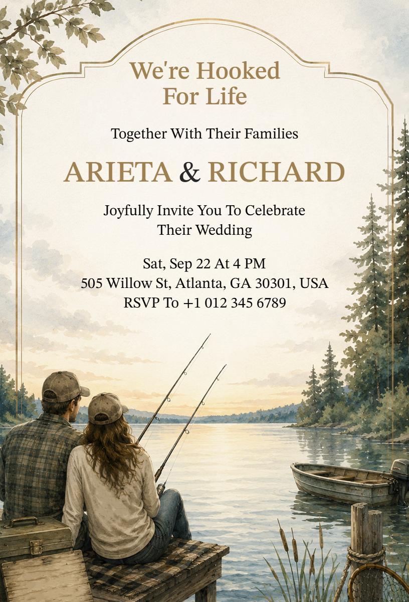 Rustic Lakeside Fishing Themed Wedding Celebration Invitation Template